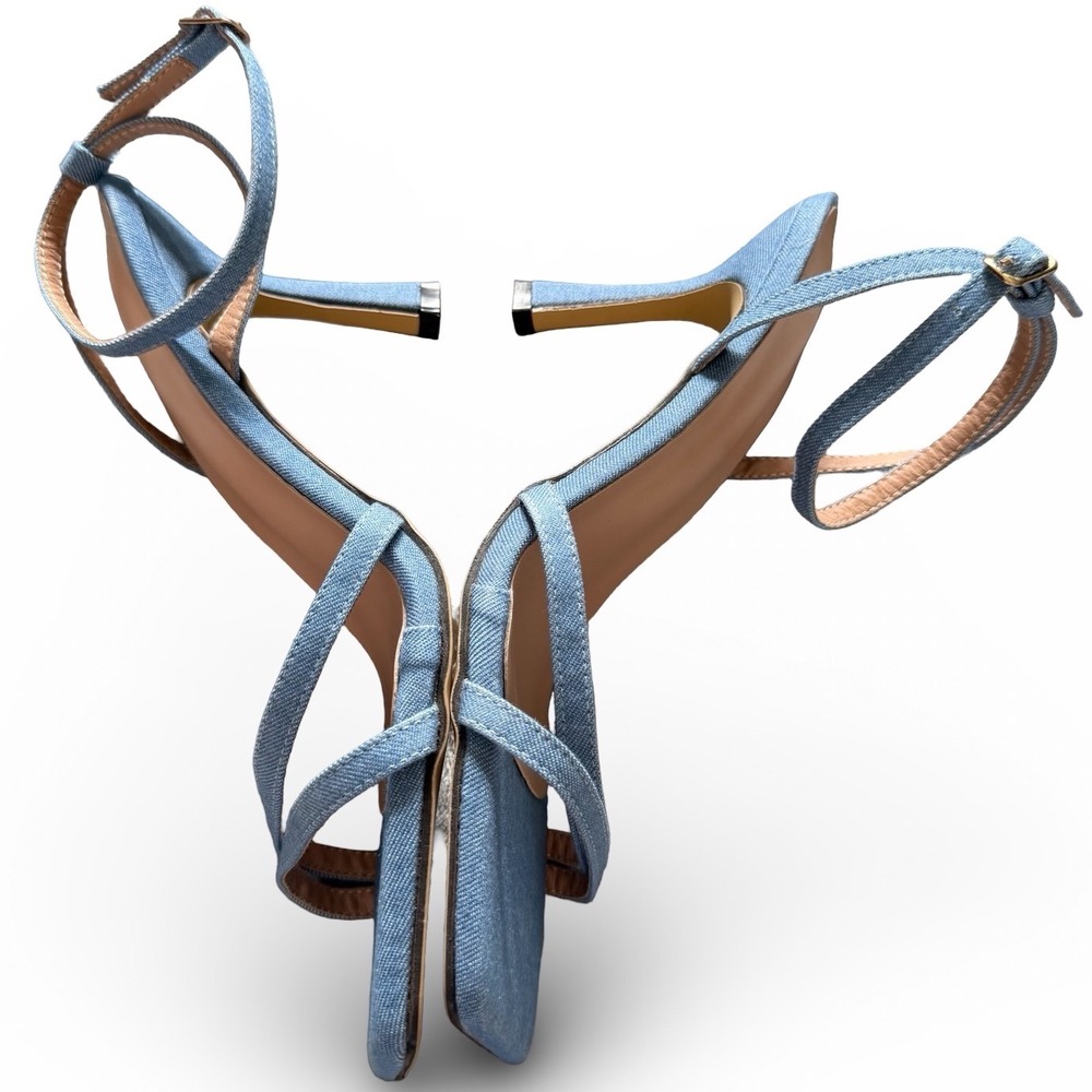 Light Blue Denim Strappy Square Toe Stiletto Heels Ankle Strap Sandals Sz 9 NEW - Picture 5 of 13